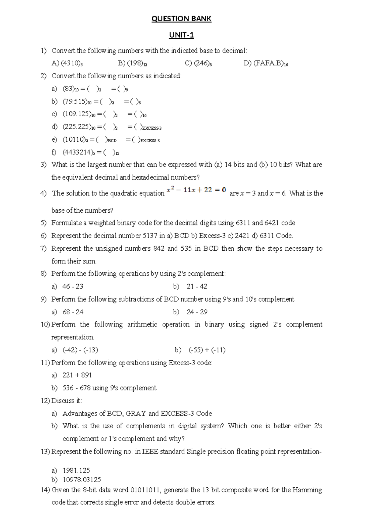 Question Bank - QUESTION BANK UNIT- Convert the following numbers with ...