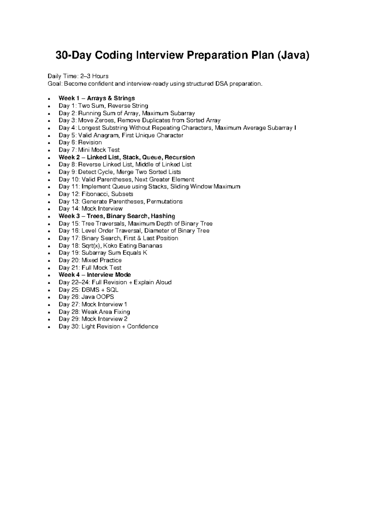 30-Day Coding Interview Prep Plan (Java) - Studocu