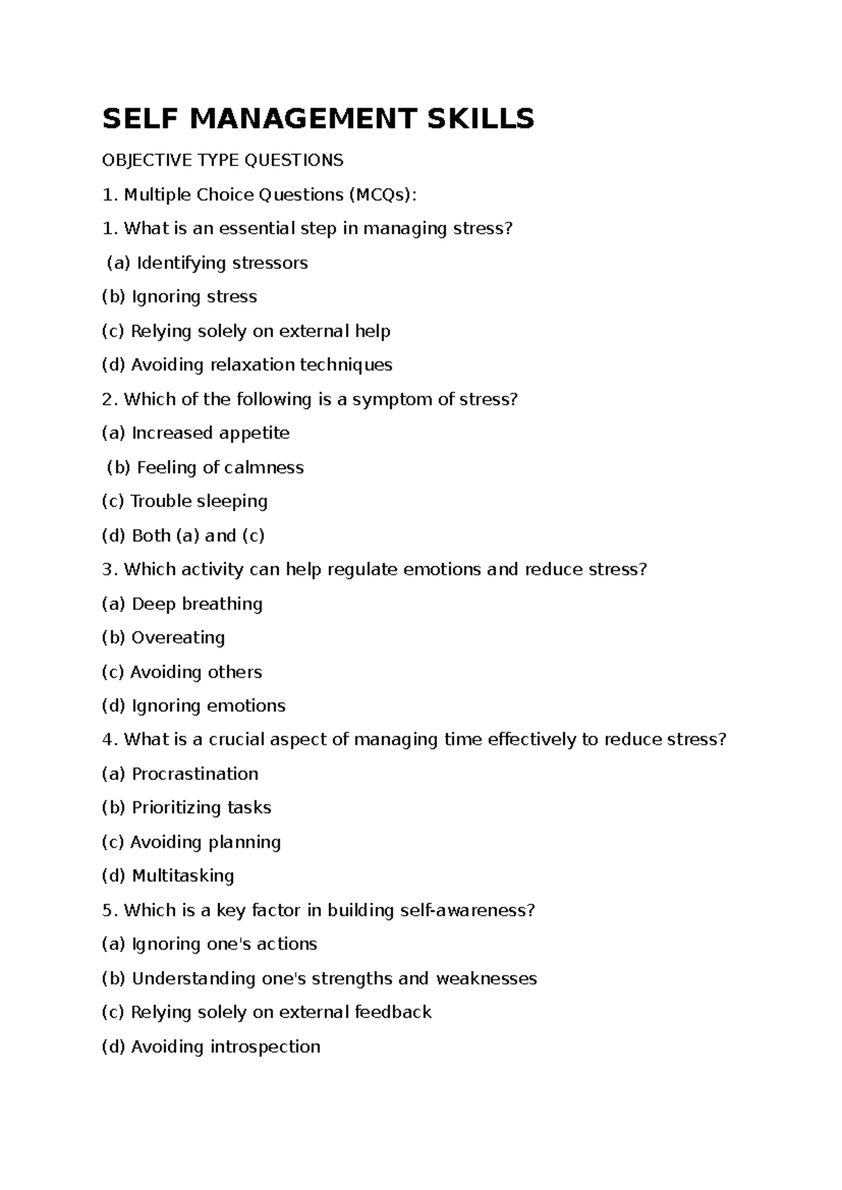SELF MANAGEMENT SKILLS MCQs - Class 10 CBSE Notes - Studocu