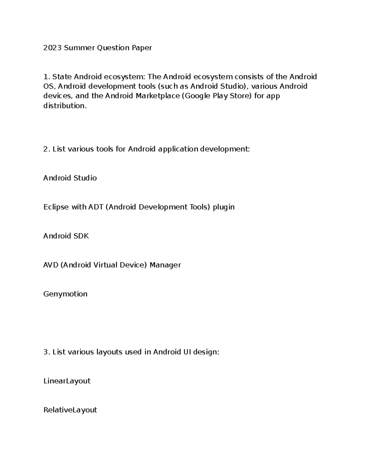 2023 Summer Android Development Question Paper 1: Key Concepts & Tools ...
