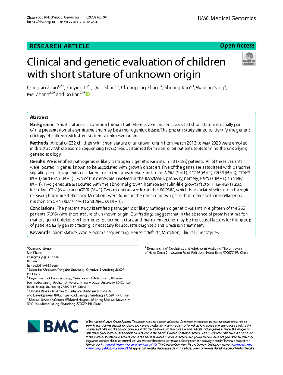 Clinical and Genetic Evaluation of Short Stature in Children (2023 ...