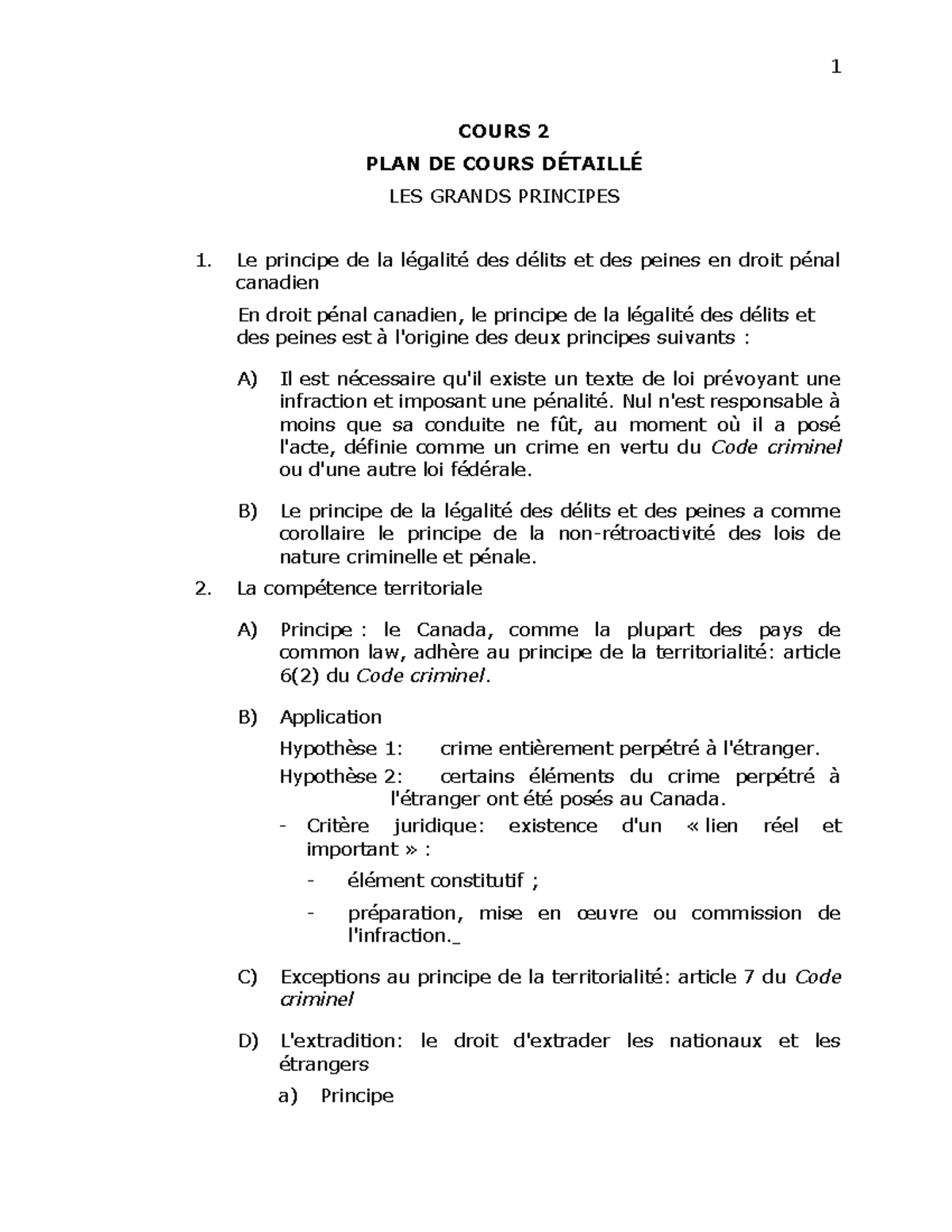 Cours 2: Plan de Cours Détail sur les Principes du Droit Pénal Canadien ...