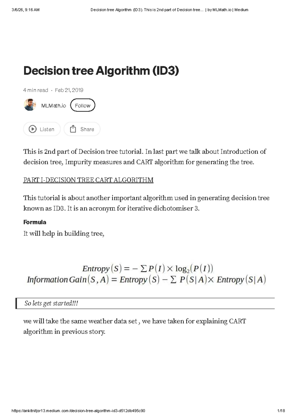 Decision Tree Algorithm (ID3) - Part 2 of ML Tutorial - Studocu