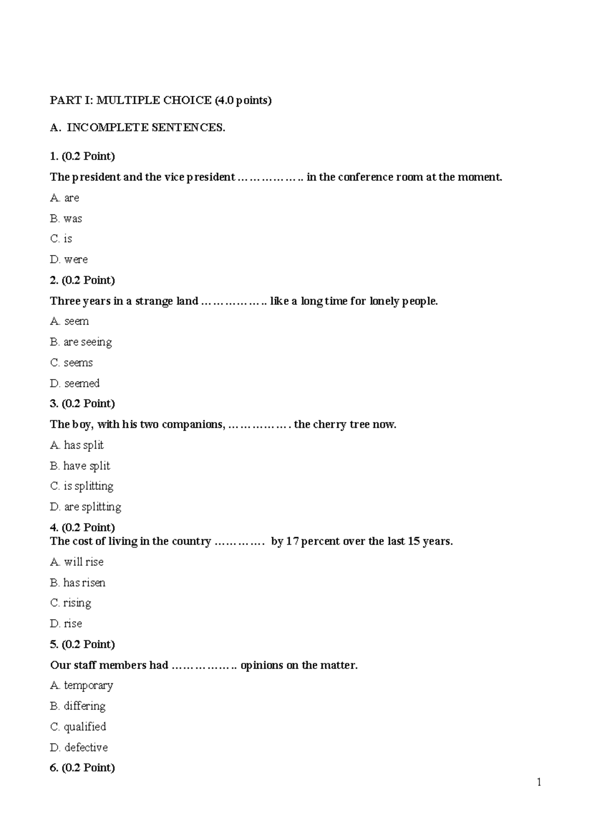 Sample Test 1: Multiple Choice & Reading Comprehension - ENG 166-1A ...