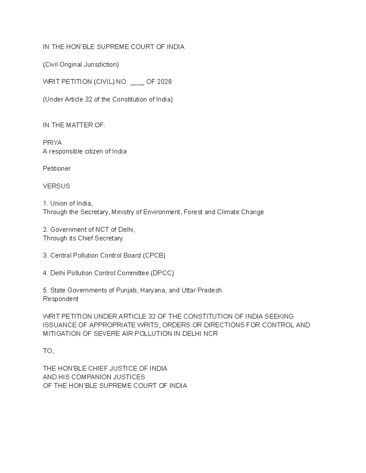 PIL Draft on Air Pollution Control in Delhi NCR - 2026 - Studocu