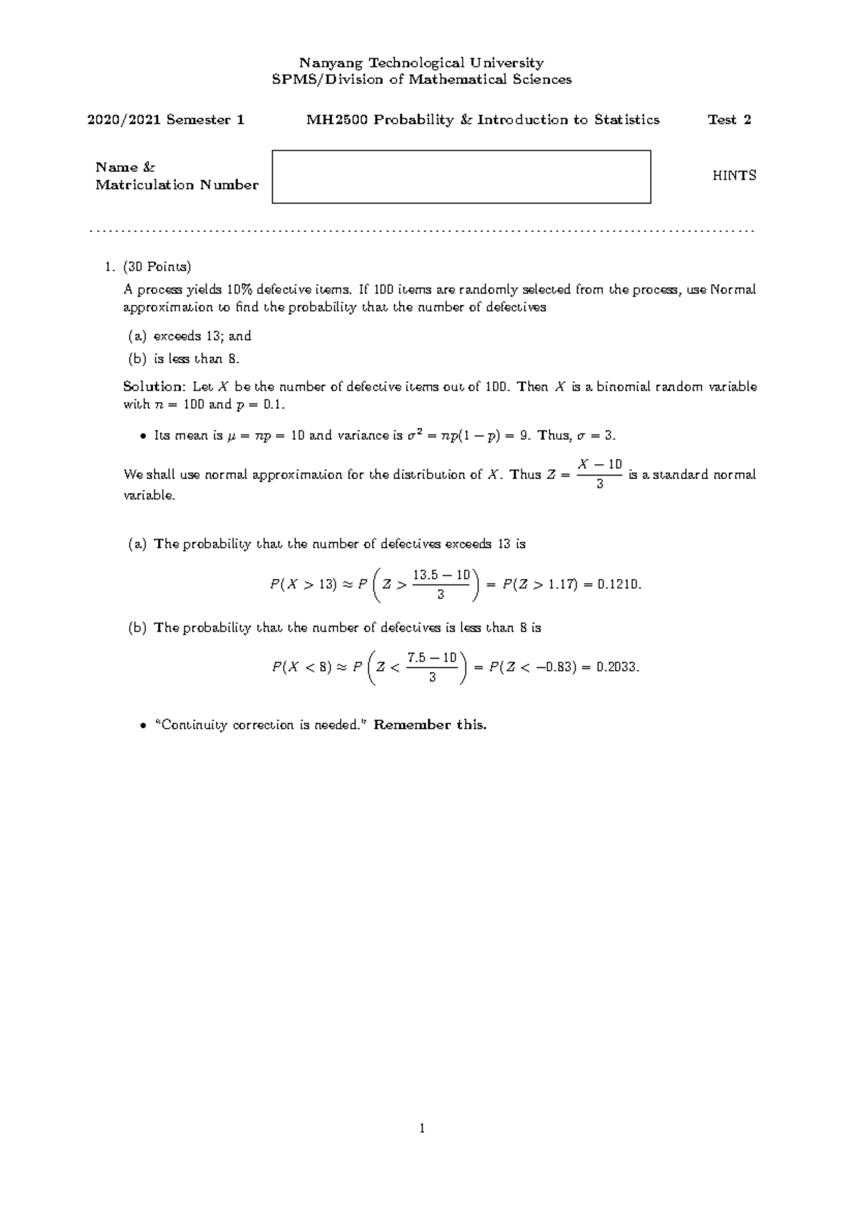 MH2500 Test 2 2021 Solutions: Probability & Stats Approaches - Studocu