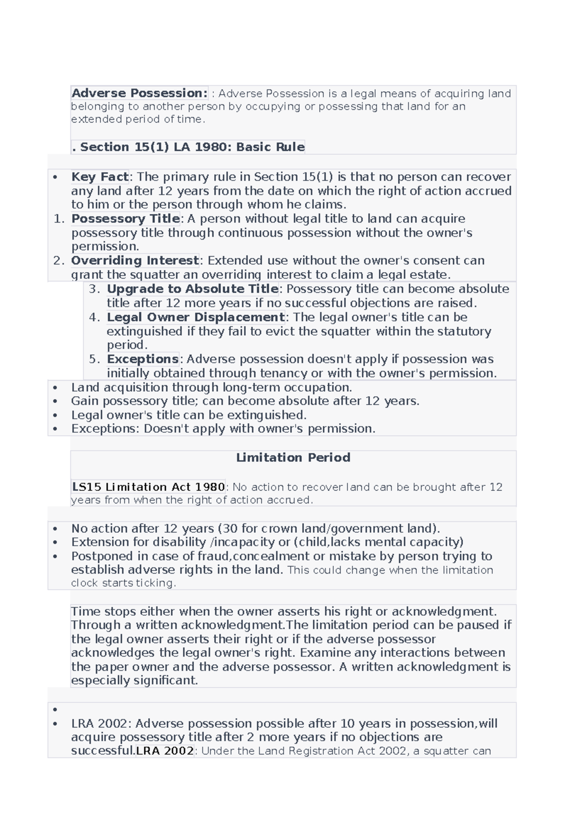 Adverse Possession Exam Notes - Key Rules & Case Law Overview - Studocu