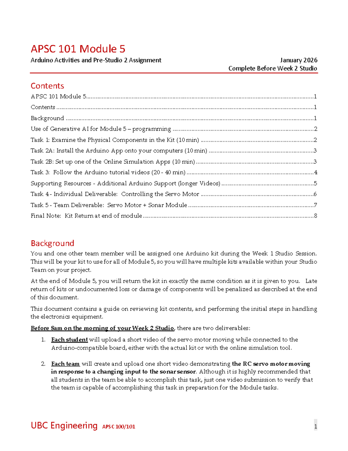 APSC 101 Module 5: Arduino Activities & Assignments Guide - Studocu