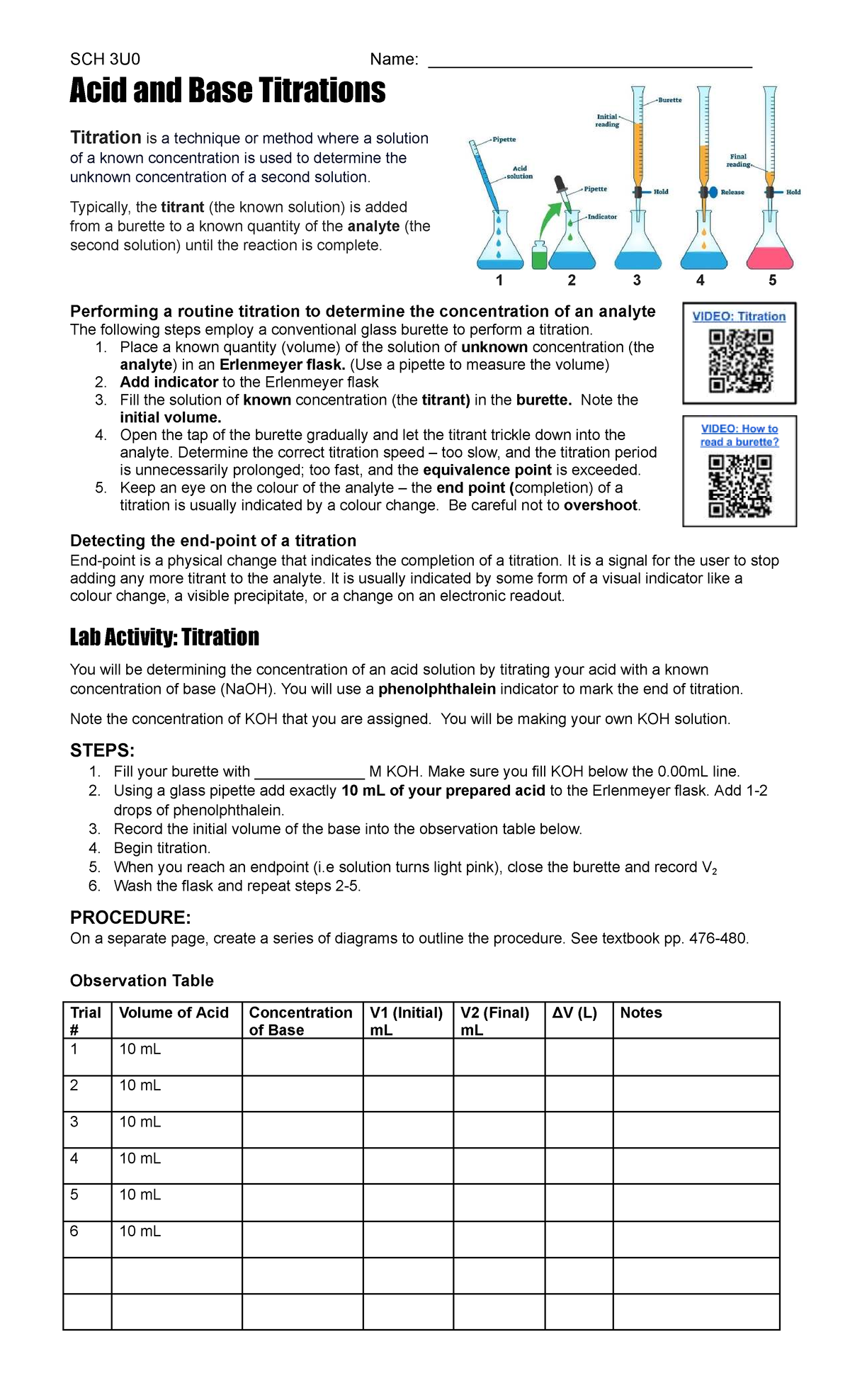 SCH Titrations Worksheet: Acid-Base Titration Procedure and Notes - Studocu