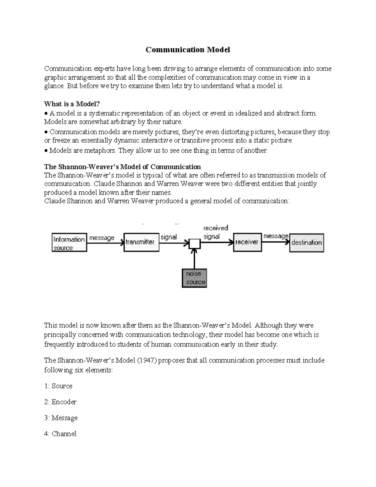 Mass Comm. Models - Lecture notes - Communication Model Communication ...