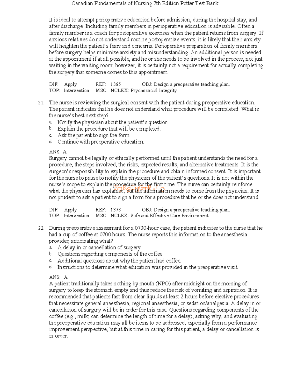 Canadian Fundamentals of Nursing 7th Ed. Potter Test Bank - Studocu