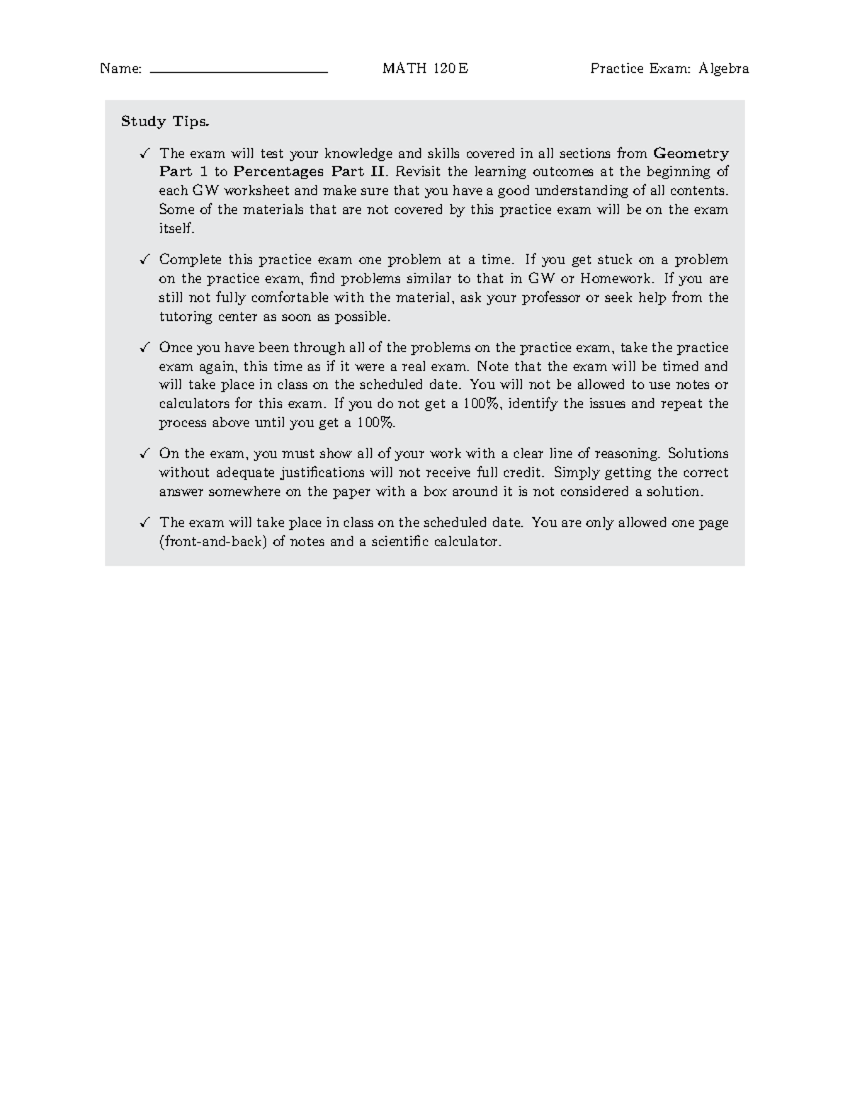 MATH 120 E Final Exam Practice: Algebra Skills Review Guide - Studocu