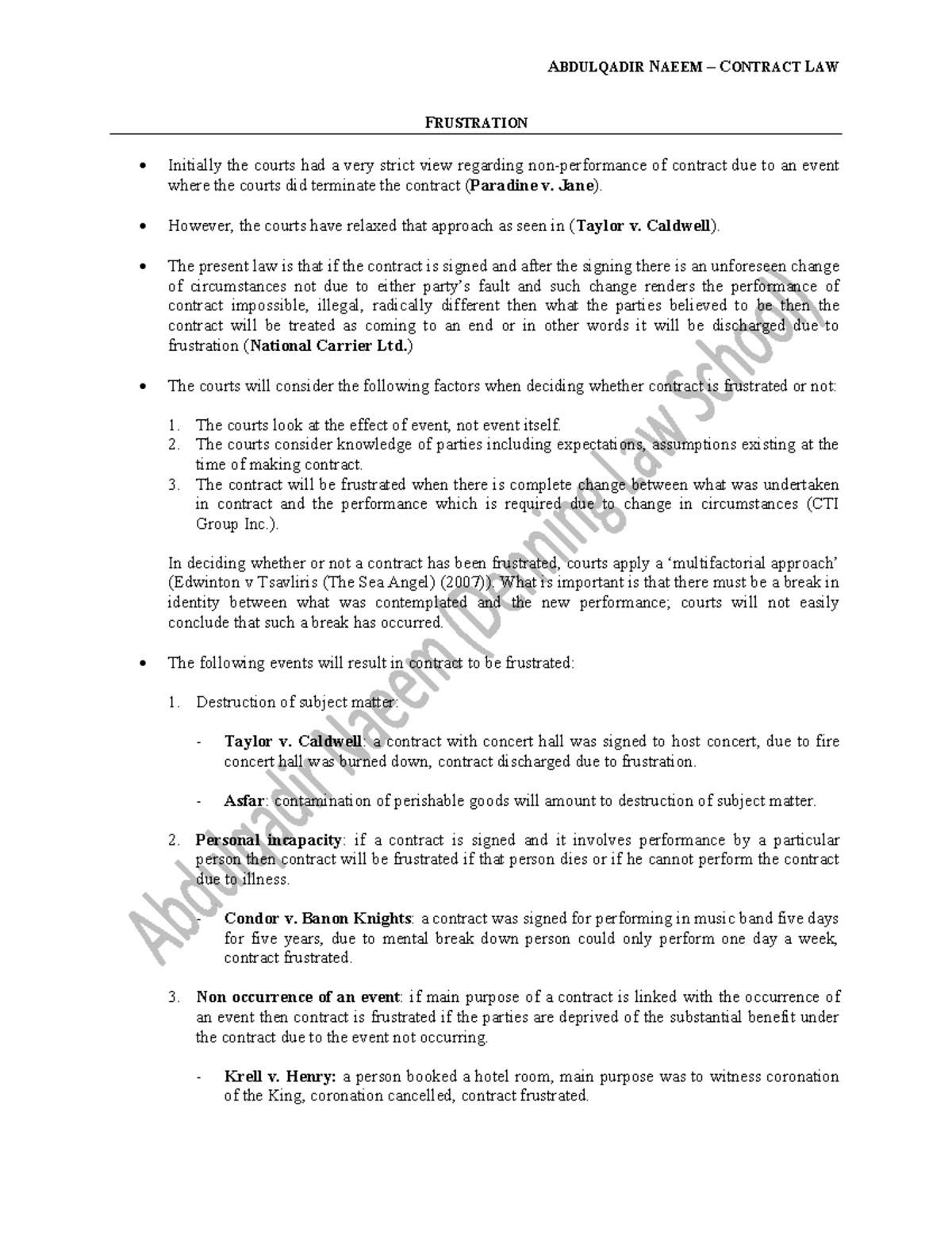 Contract Law Lecture 10 Frustration - ABDULQADIR NAEEM – CONTRACT LAW ...