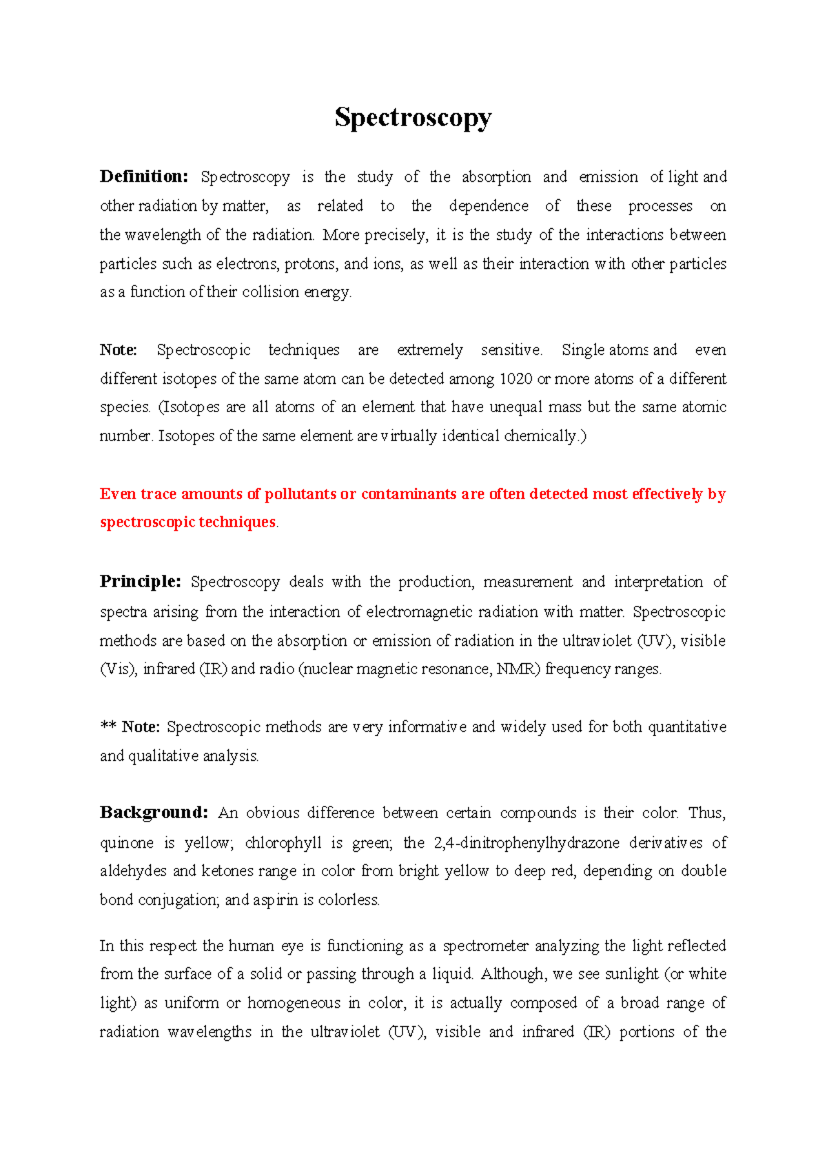 Spectroscopy - Key Concepts and Techniques Notes - Studocu
