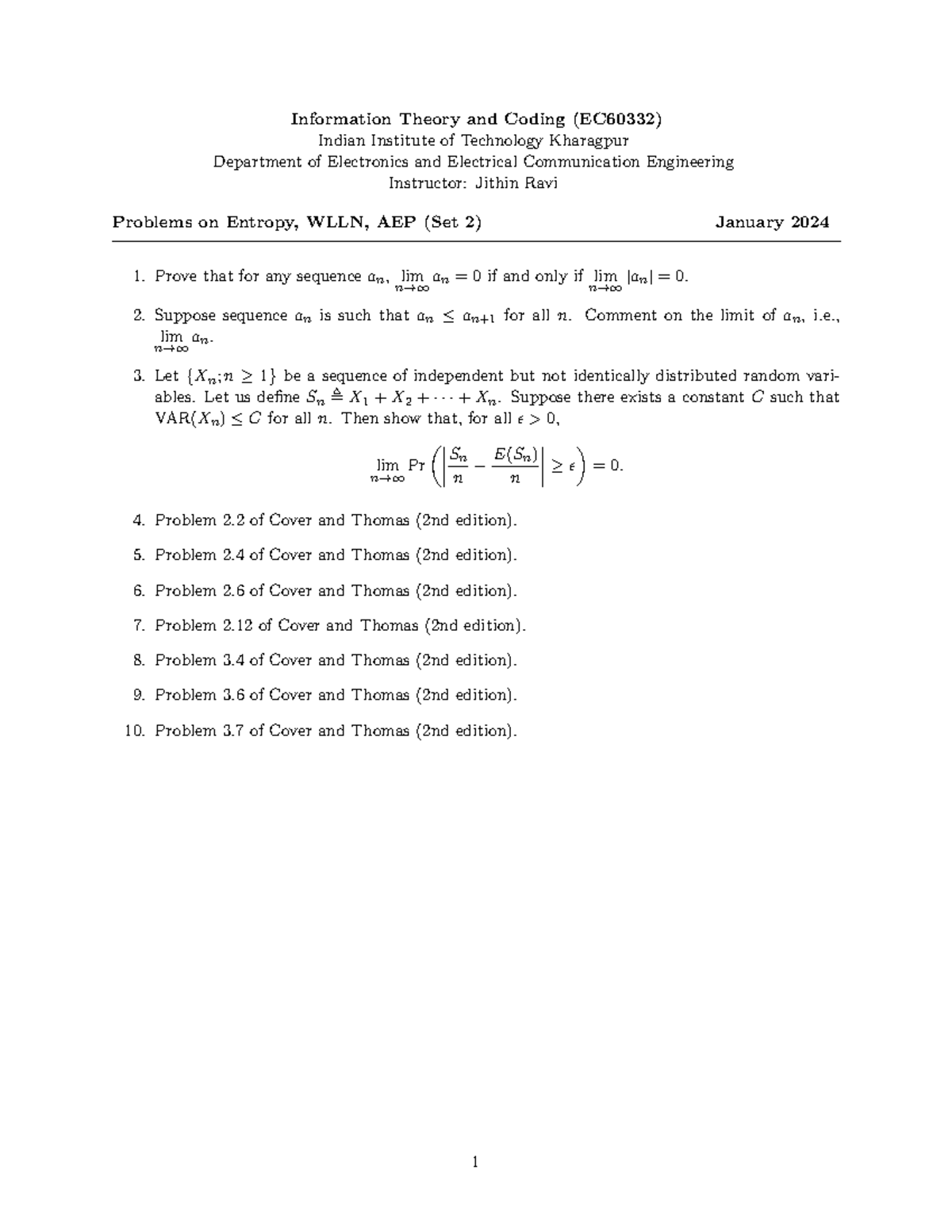 EC60332 Information Theory and Coding - Practice Set 2 Problems - Studocu