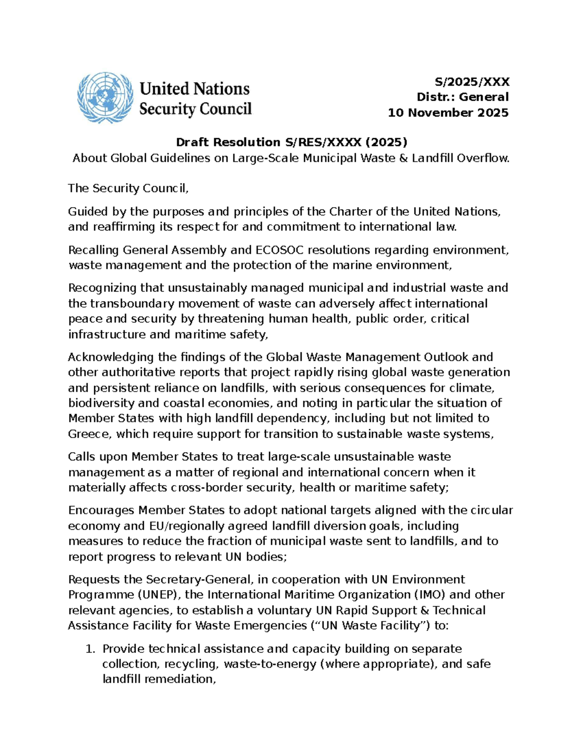 Draft Resolution (2025) on Global Guidelines for Waste Management - Studocu