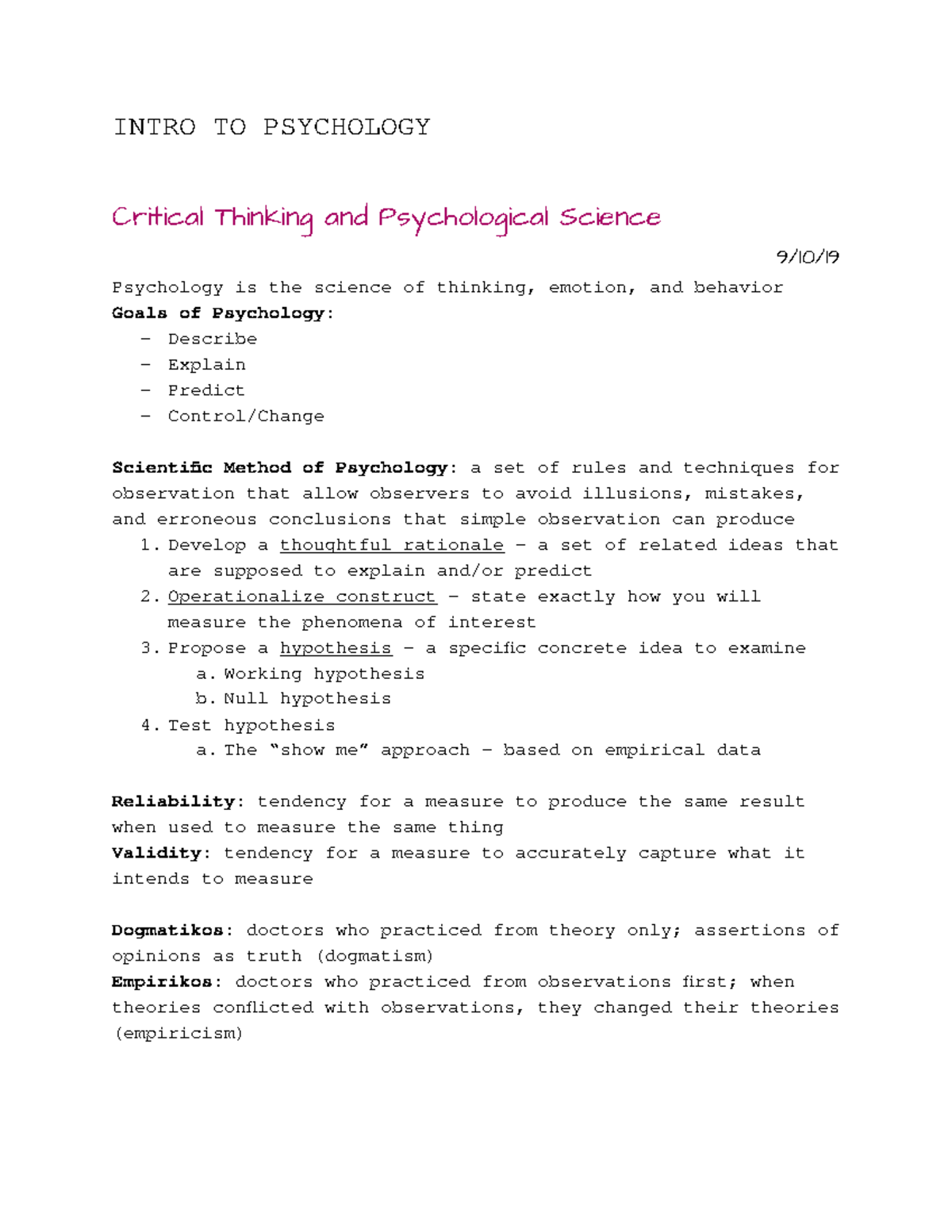 Intro to Psych - Exam 1 - Lecture notes First half of semester - INTRO ...