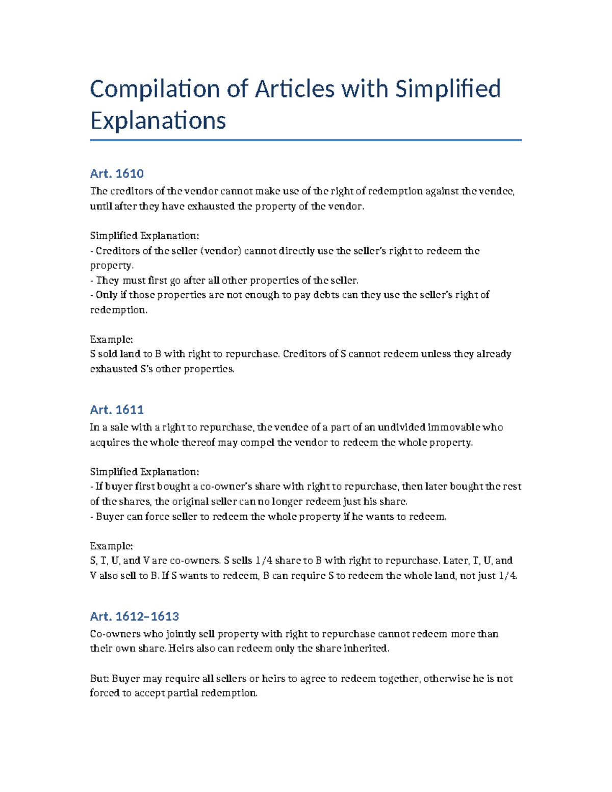 Compilation of Simplified Explanations on Articles 1610-1637 - Studocu