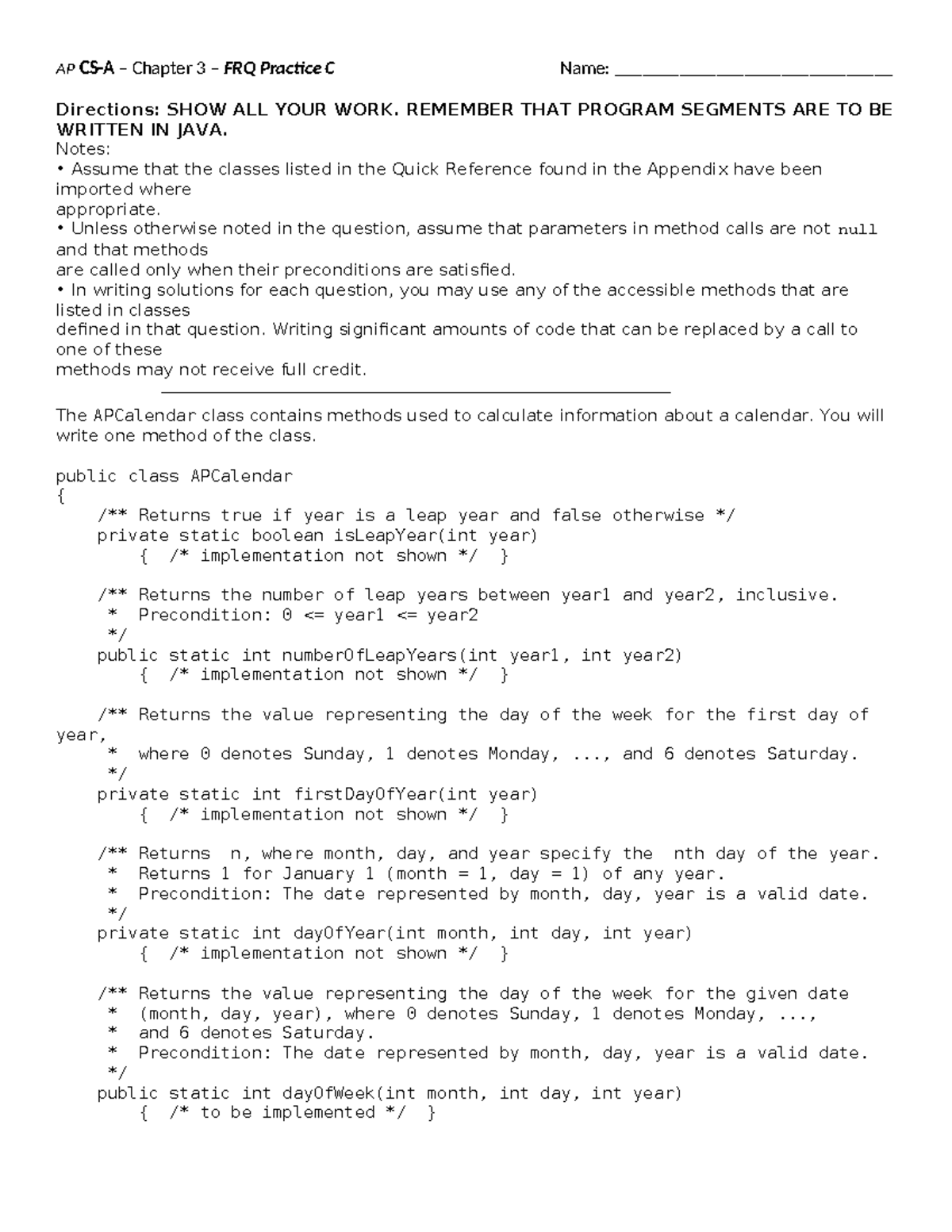 AP Chapter 3 FRQ Practice: Java Method Implementation Guide - Studocu