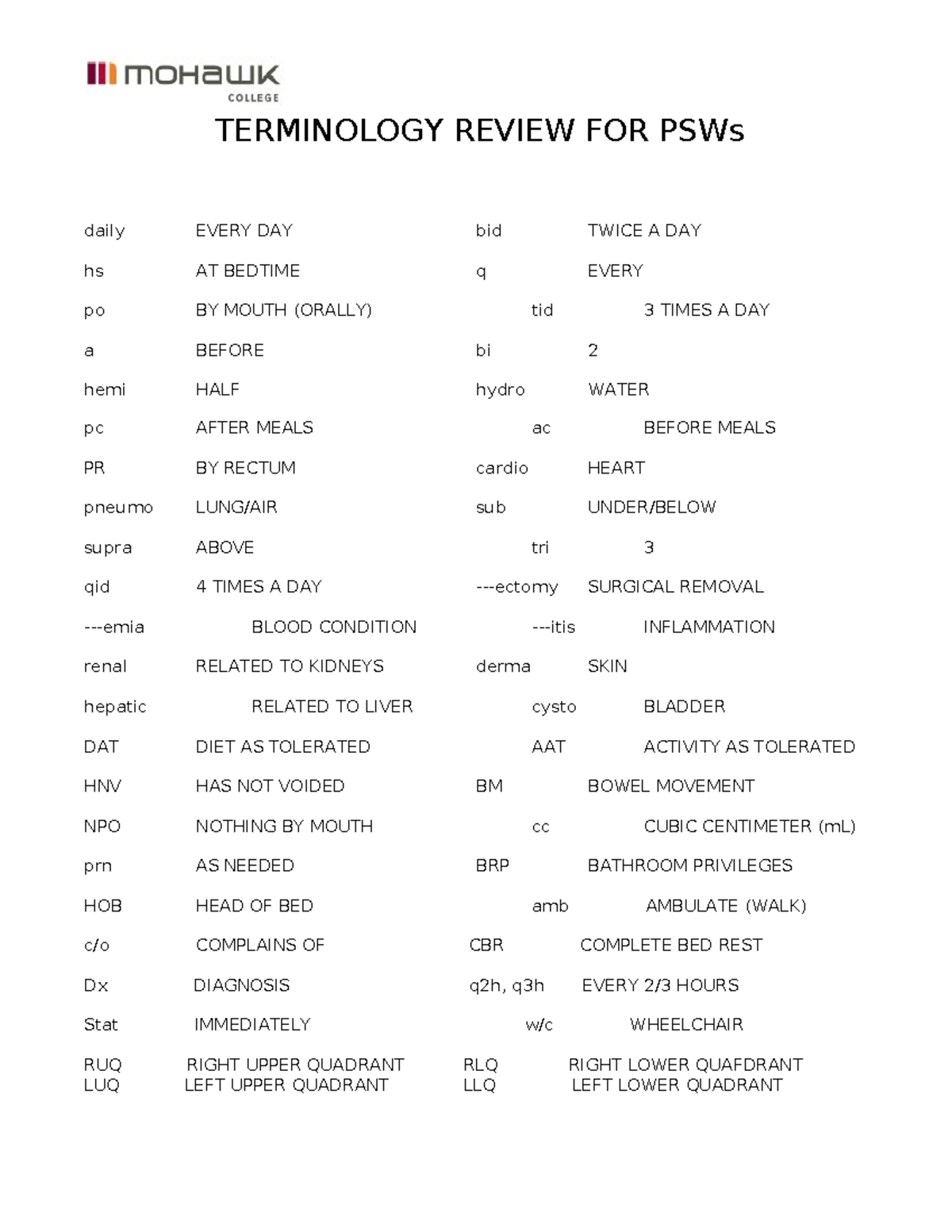 Terminology Review for PSWs: Key Terms and Abbreviations - Studocu