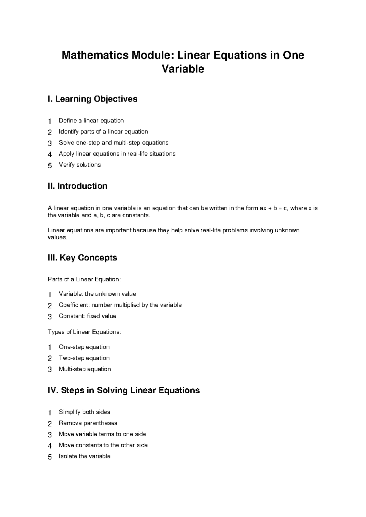 Mathematics Module: Linear Equations in One Variable I - Overview - Studocu