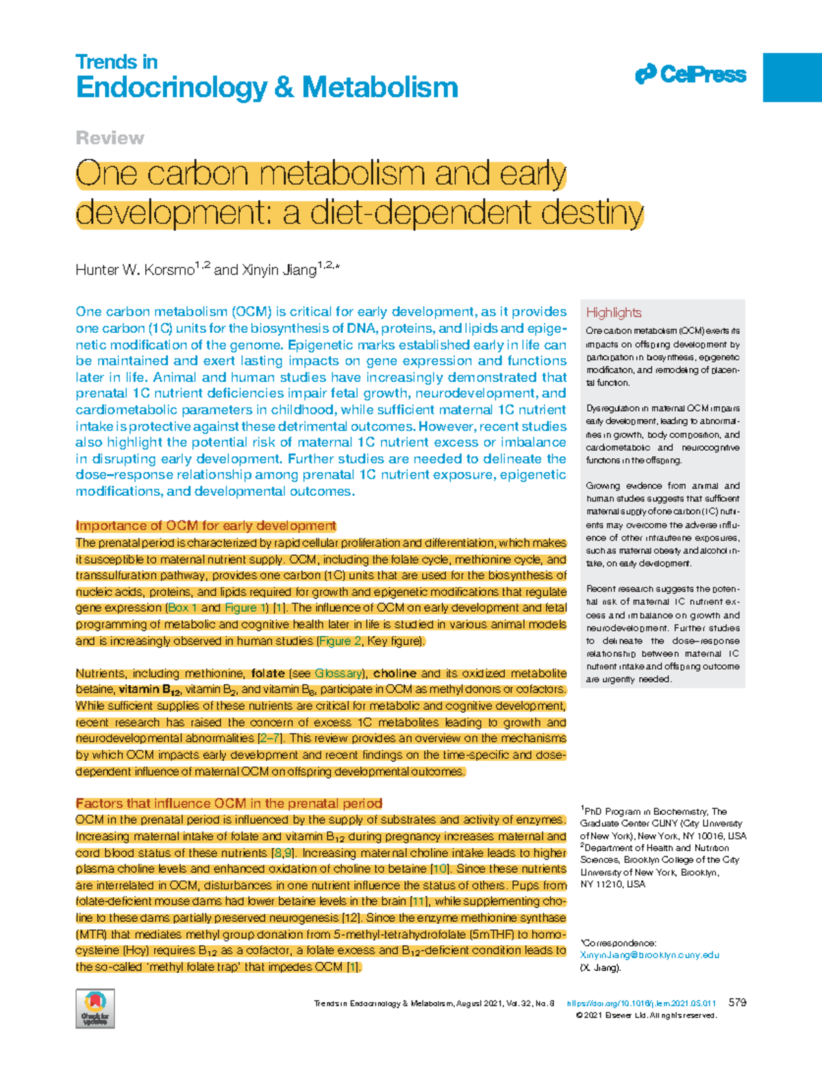 Trends in Endocrinology Metabolism: One Carbon Metabolism & Early ...