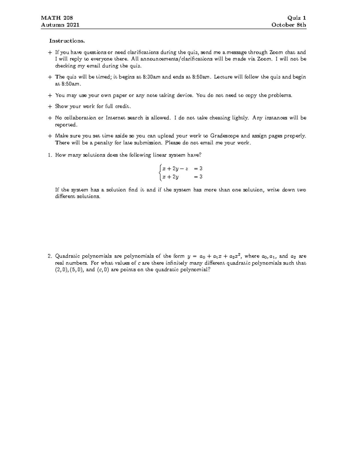 MATH 208 - Quiz 01 Instructions and Problem Set (Autumn 2021) - Studocu