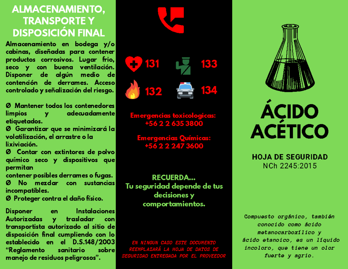 Triptico acido acetico - ÁCIDO ACÉTICO HOJA DE SEGURIDAD NCh 2245