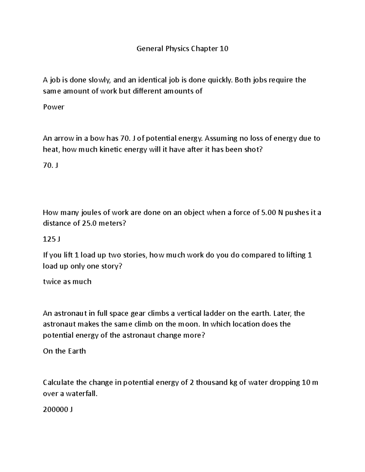 General Physics Chapter 10: Work, Energy, and Power Concepts - Studocu