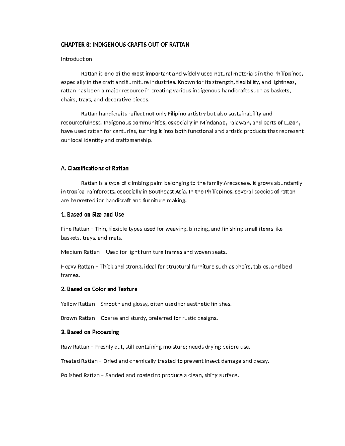 CHAPTER 8: INDIGENOUS CRAFTS USING RATTAN - Study Notes - Studocu