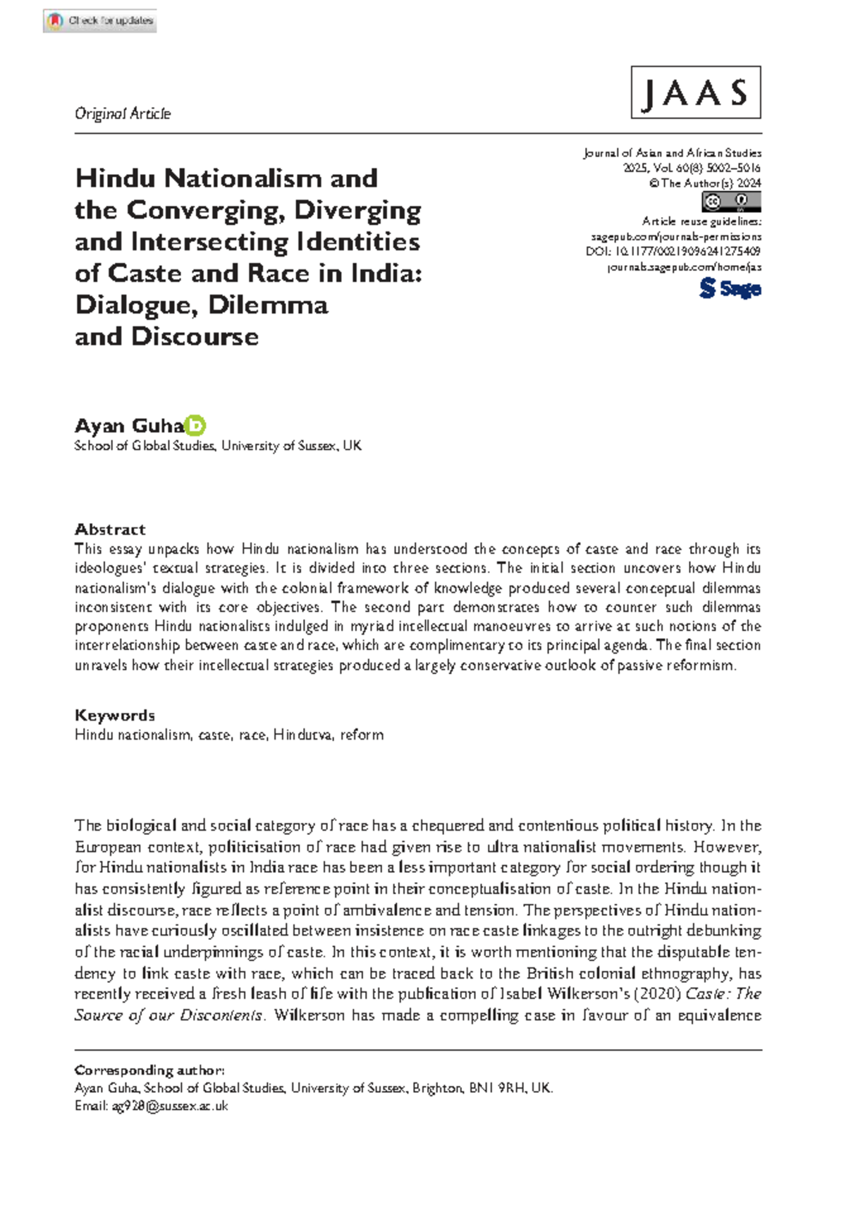 Hindu Nationalism and the Interplay of Caste and Race in India: A Study ...