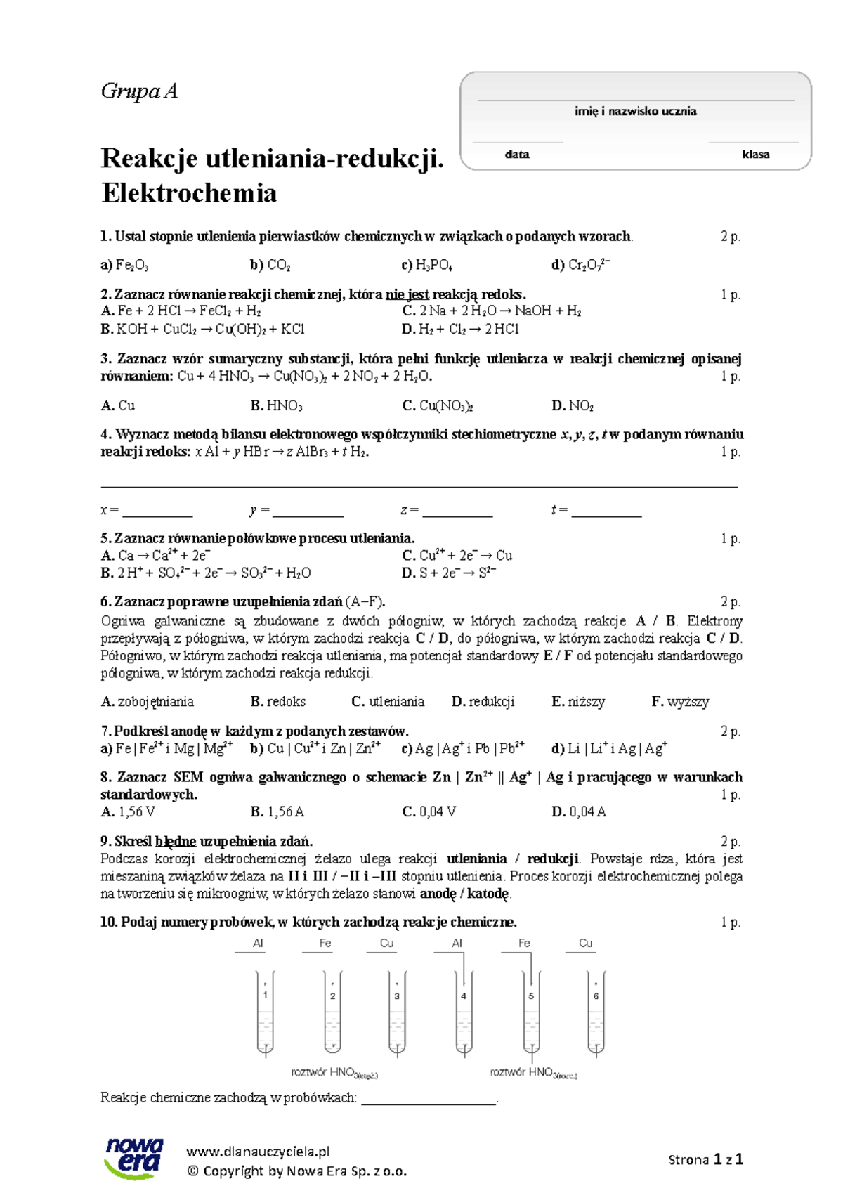 Reakcje Utleniania-Redukcji w Elektrochemii - Sprawdzian 4 - Studocu