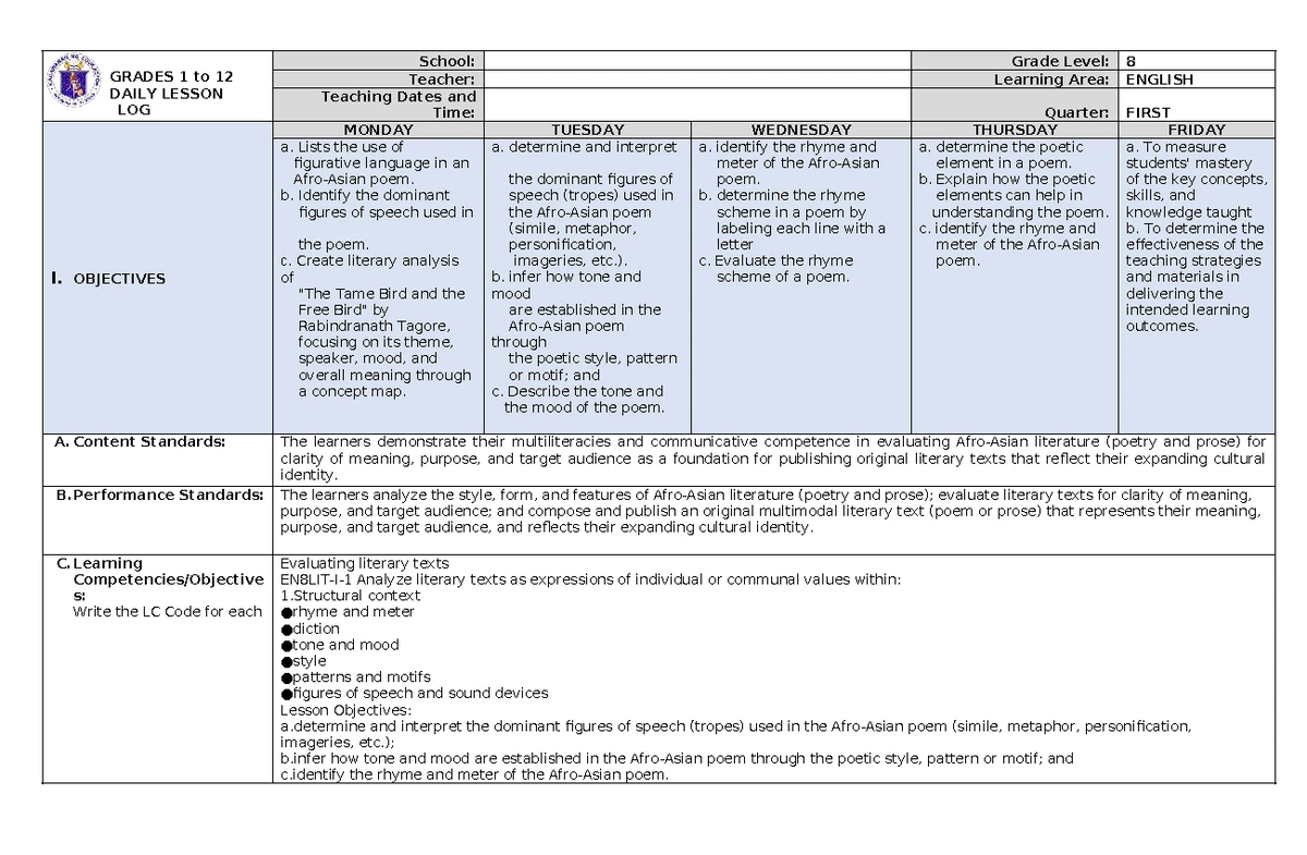 DLL Matatag K to 10 English 8 Weekly Lesson Log Q1 W2 - Studocu