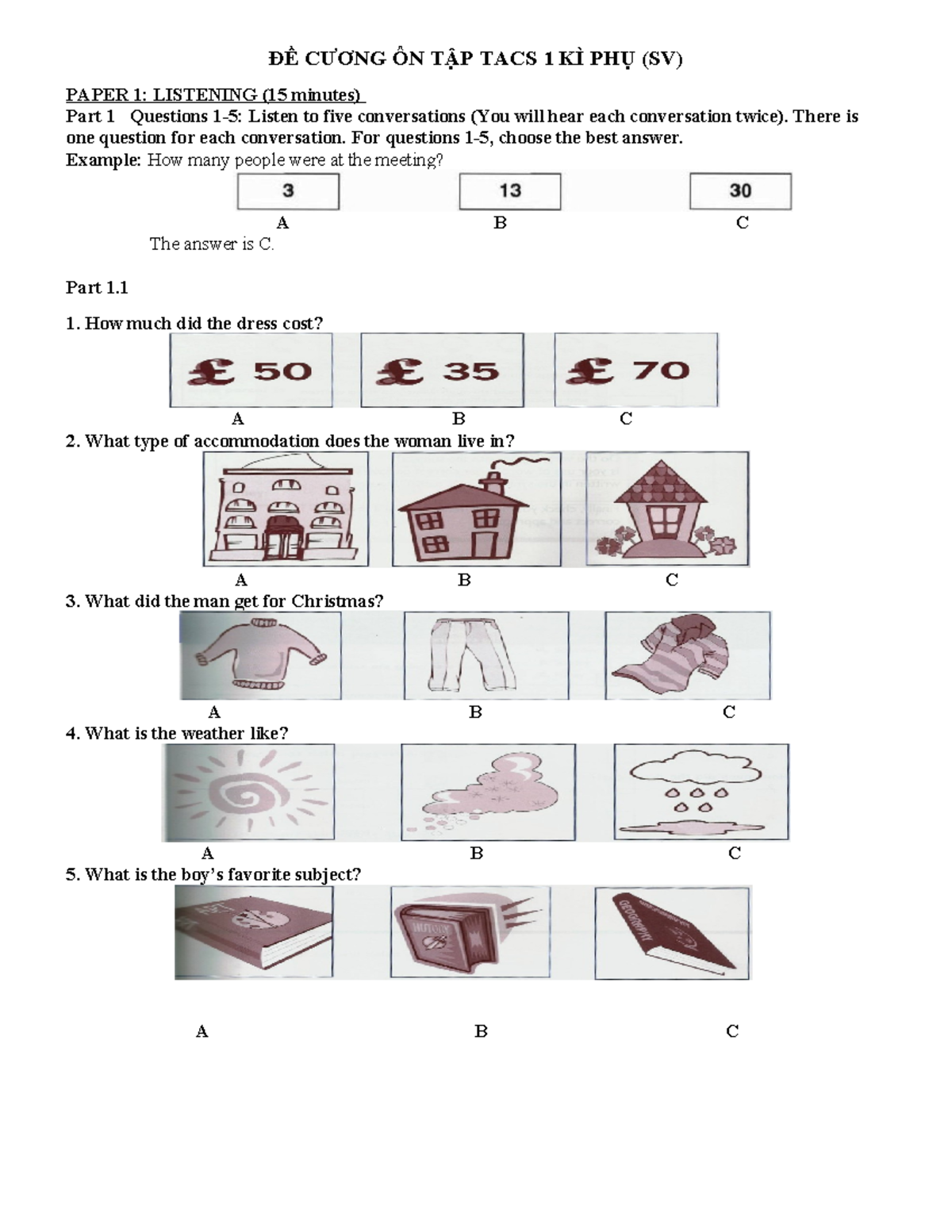 ĐỀ CƯƠNG ÔN TẬP TACS 1 KÌ PHỤ: PAPER 1-3 & WRITING EXERCISES - Studocu