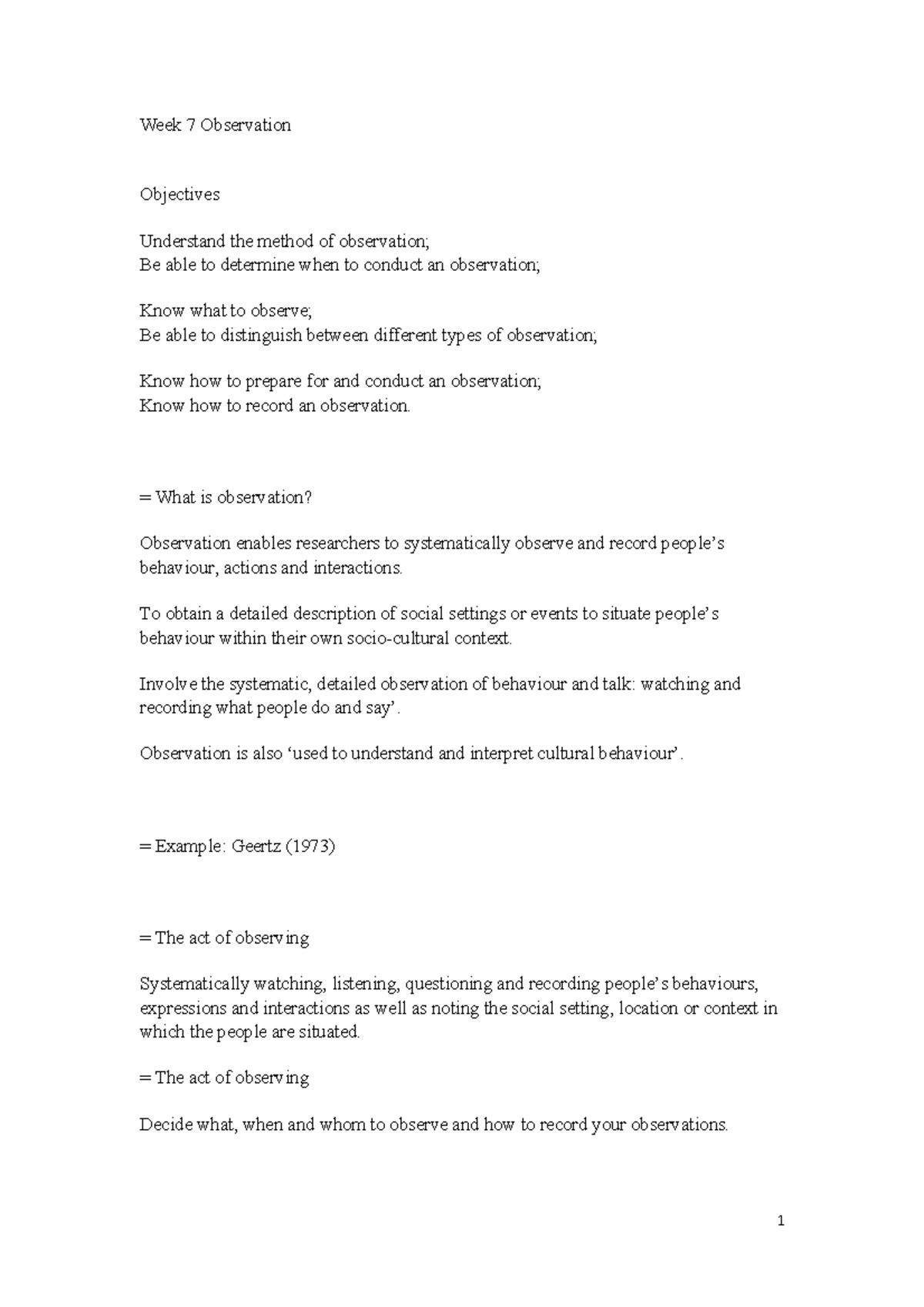 SOCY 2005 Week 7 Observation Techniques and Objectives - Studocu