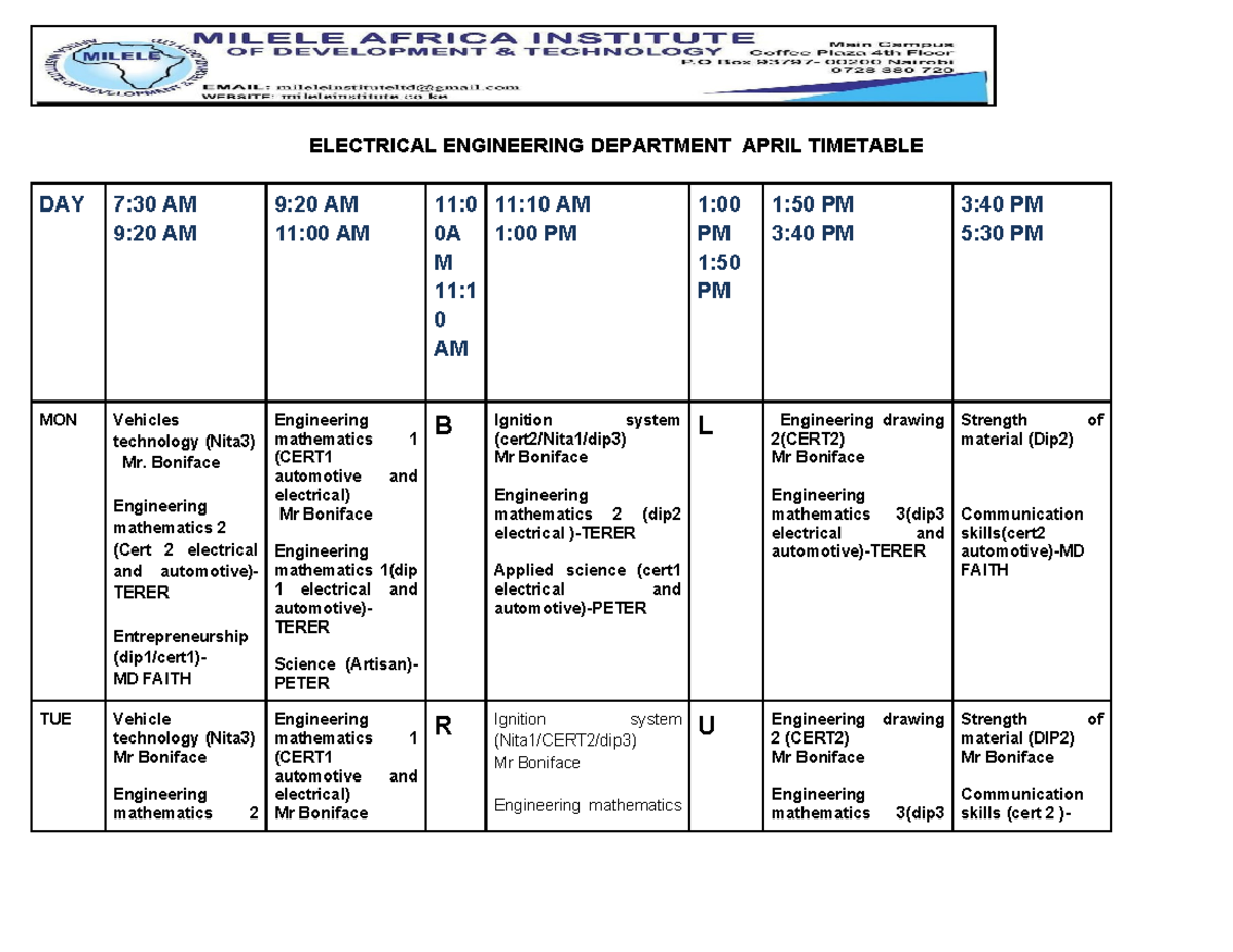 MECHANICAL ENGINEERING DEPARTMENT TIMETABLE APRIL 2026 - Studocu