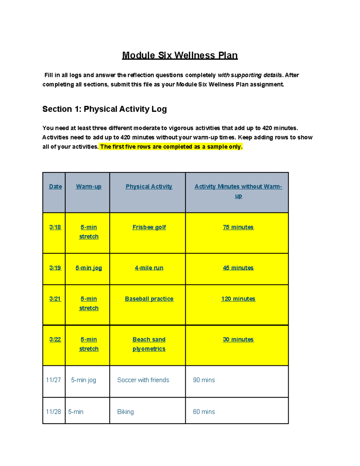 Wellness Plan 6: Activity Logs & Reflections for Healthy Living - Studocu