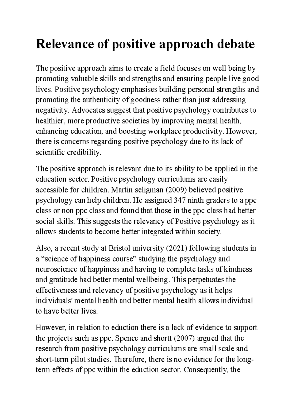 PSY 101: Relevance and Impact of Positive Psychology in Education - Studocu