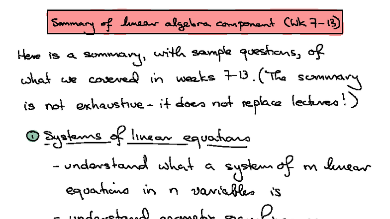 Linear Algebra Component Summary: Weeks 7-13 Review and Sample ...