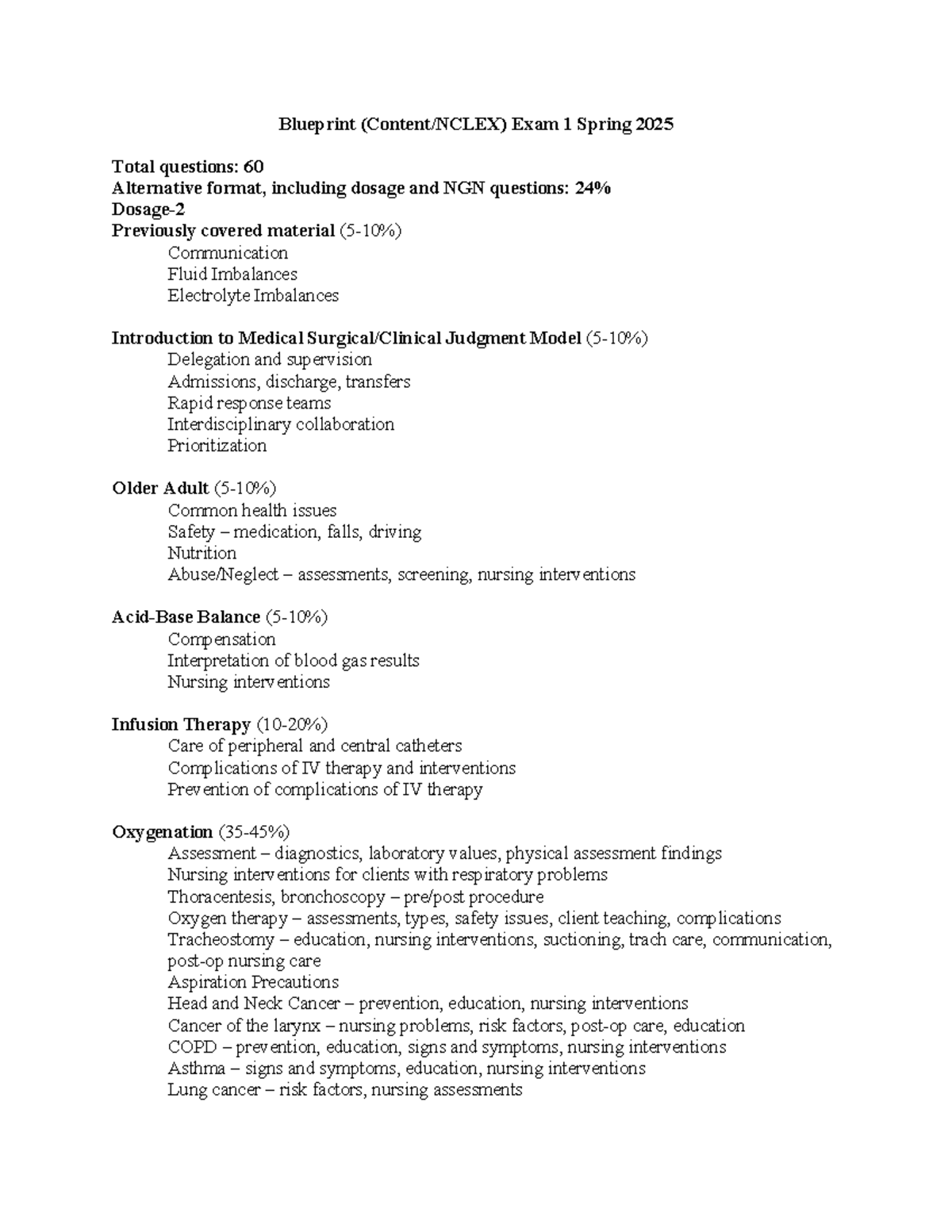 Blueprint Exam 1 Study Guide for Adult Nursing - Spring 2025 - Studocu