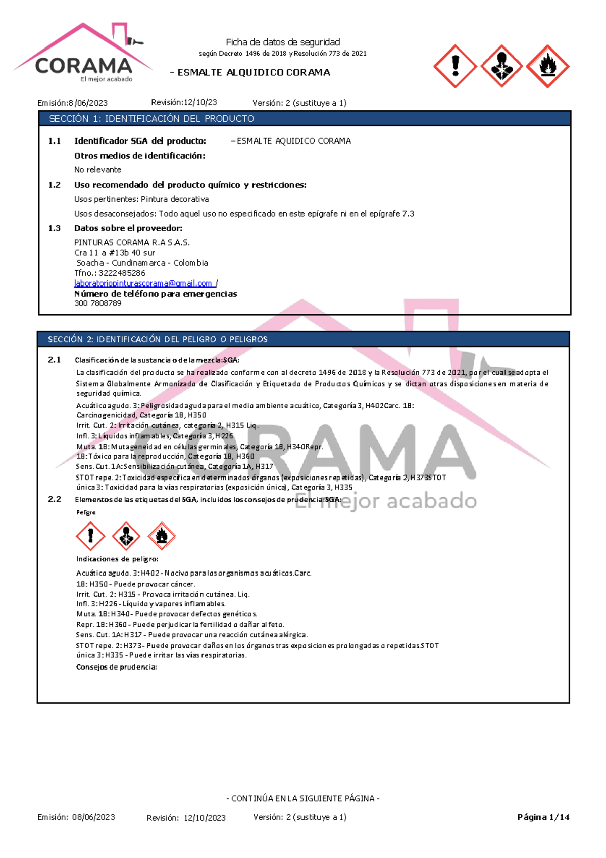 Ficha de Datos de Seguridad FDS - Esmalte Alquídico Corama (Decreto 1496/2018) - Document Preview