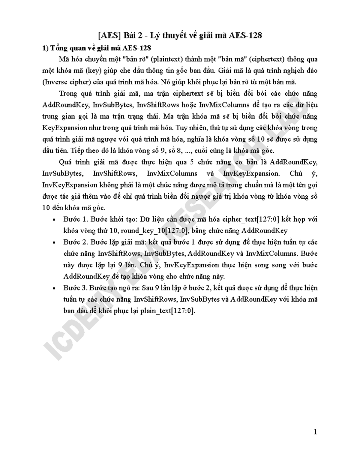 Bài 2: Lý thuyết Giải mã trong Chuẩn AES (AES2) - Studocu