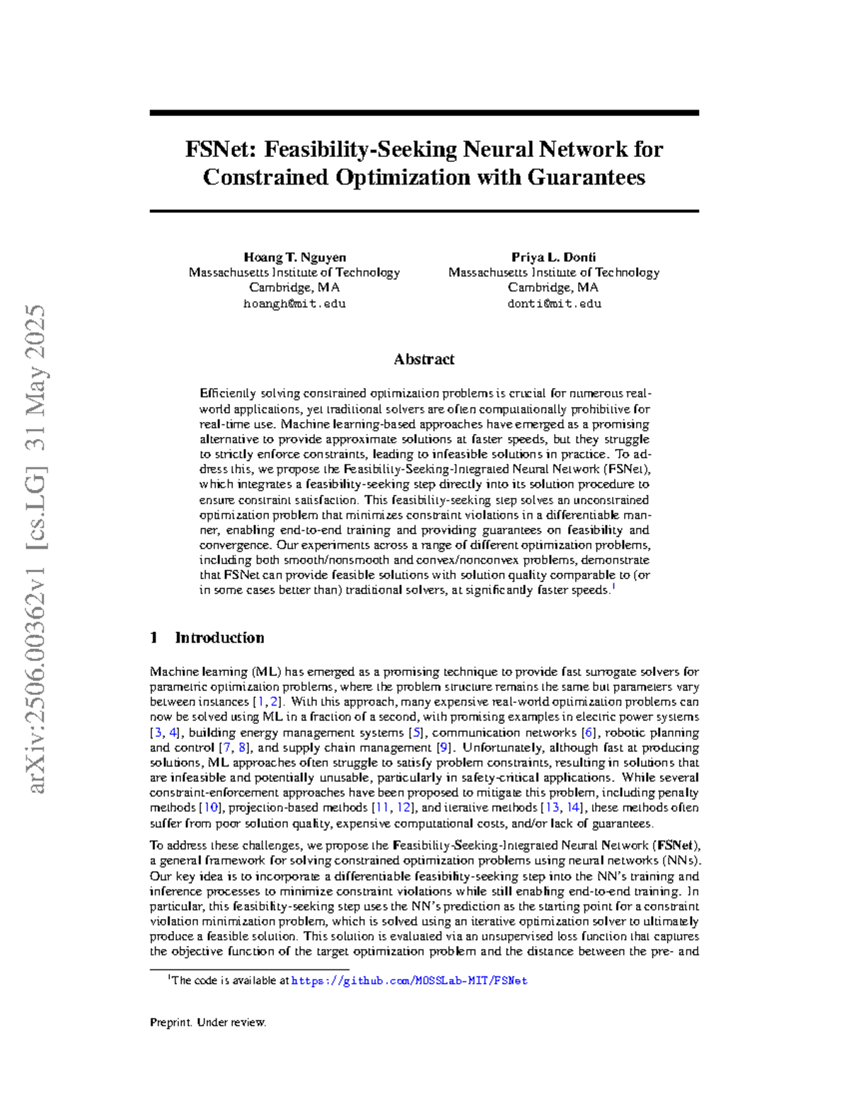 FSNet: A Neural Network Approach for Constrained Optimization Problems ...