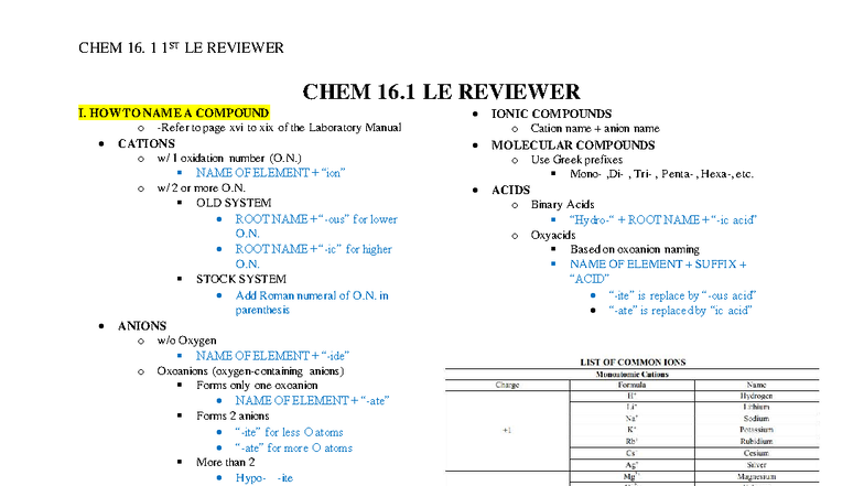 CHEM 16.1 1ST LE REVIEWER: COMPOUND NAMING & REDOX REACTIONS - Studocu