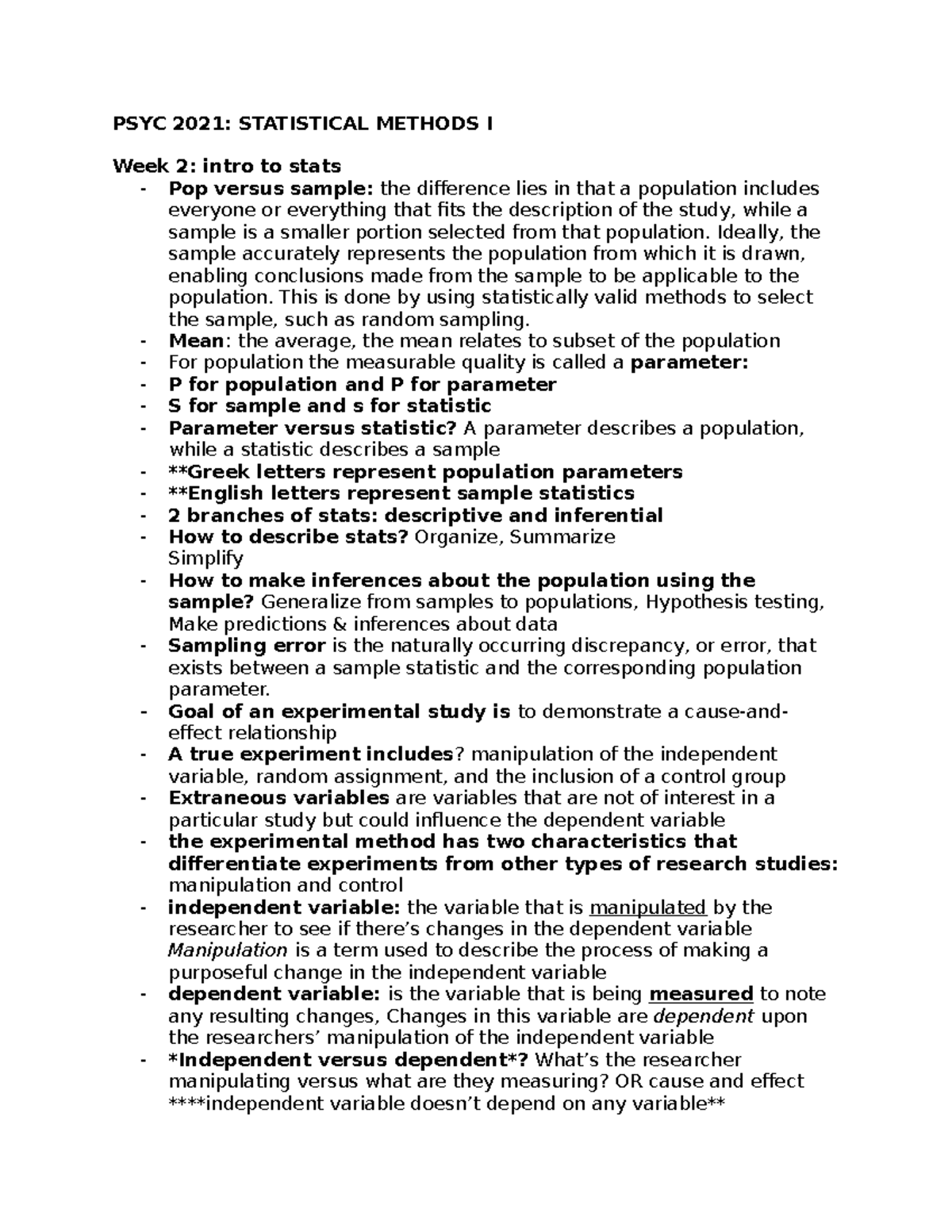 Psyc 2021: Statistical methods I week 2-6 comprehensive notes - Studocu