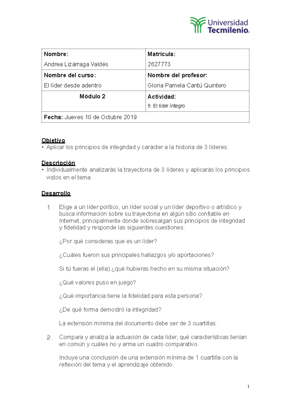 Actividad 3 El líder desde adentro - 1. Redacta un escrito donde des ...