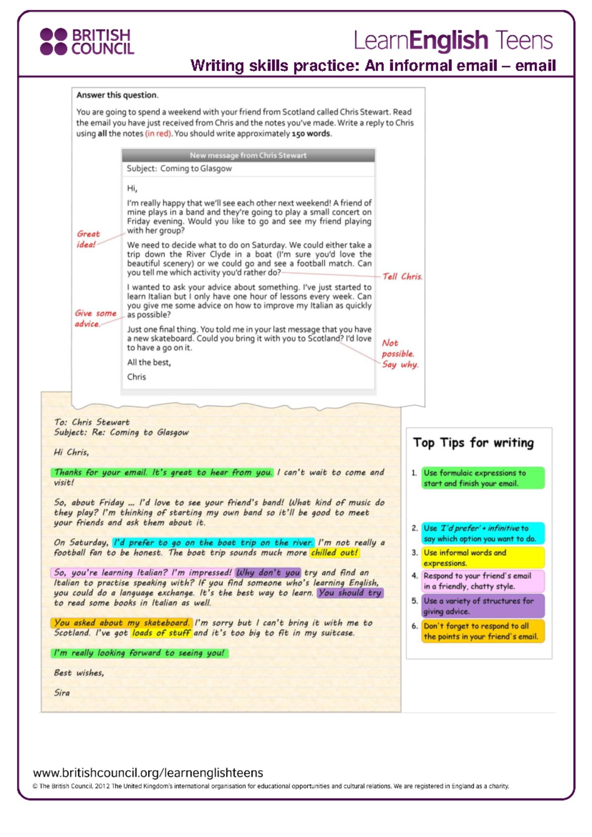 BRITISH COUNCIL LearnEnglish Teens: Informal Email Writing Practice ...
