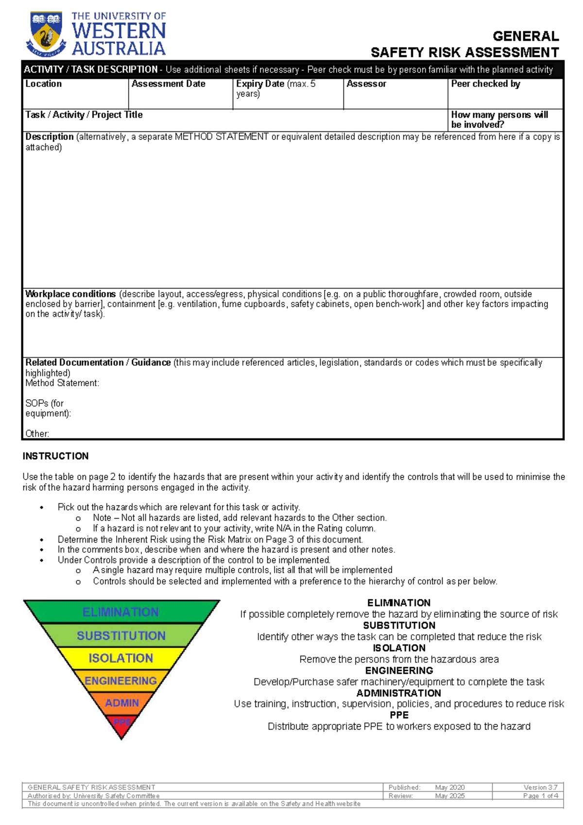 UWA General Safety Risk Assessment Template (2020) - Studocu