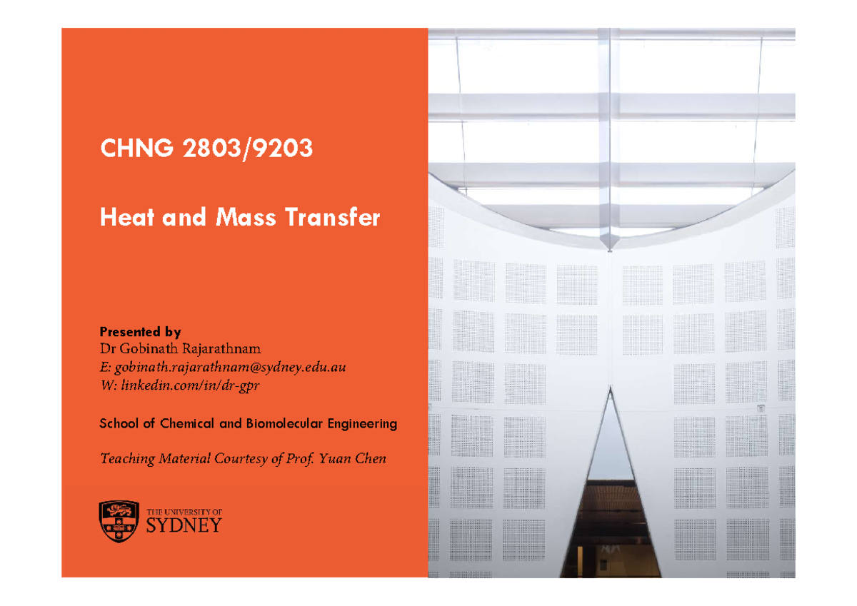 CHNG 2803 Lecture Notes - Heat Transfer (Conduction) - Week 1 - Studocu