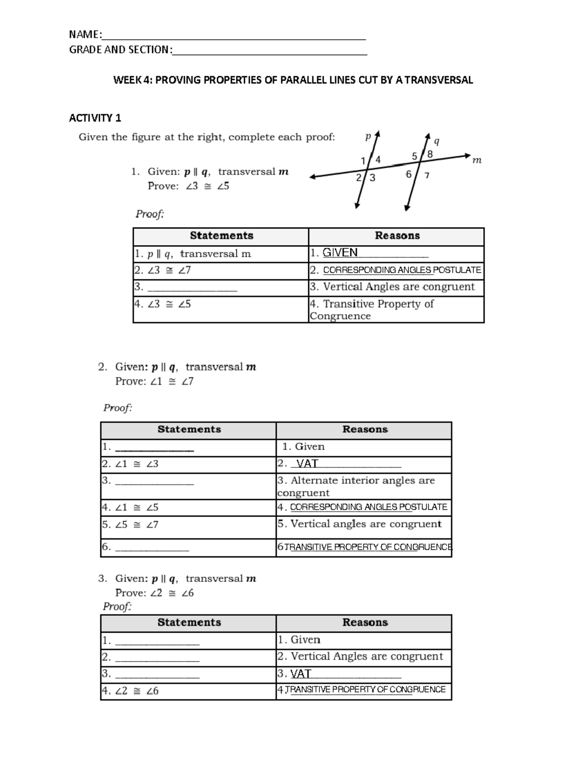 Proving Properties OF Parallel Lines CUT BY A Transversal - Enhanced ...